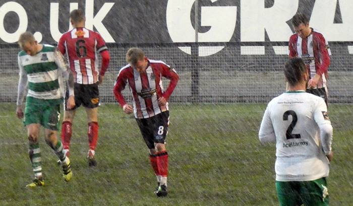 Tom Peers of Altricham contests a header with David Ferguson of Hartlepool  United during the Vanarama National League match between Hartlepool United  and Altrincham at Victoria Park, Hartlepool on Tuesday 27th October